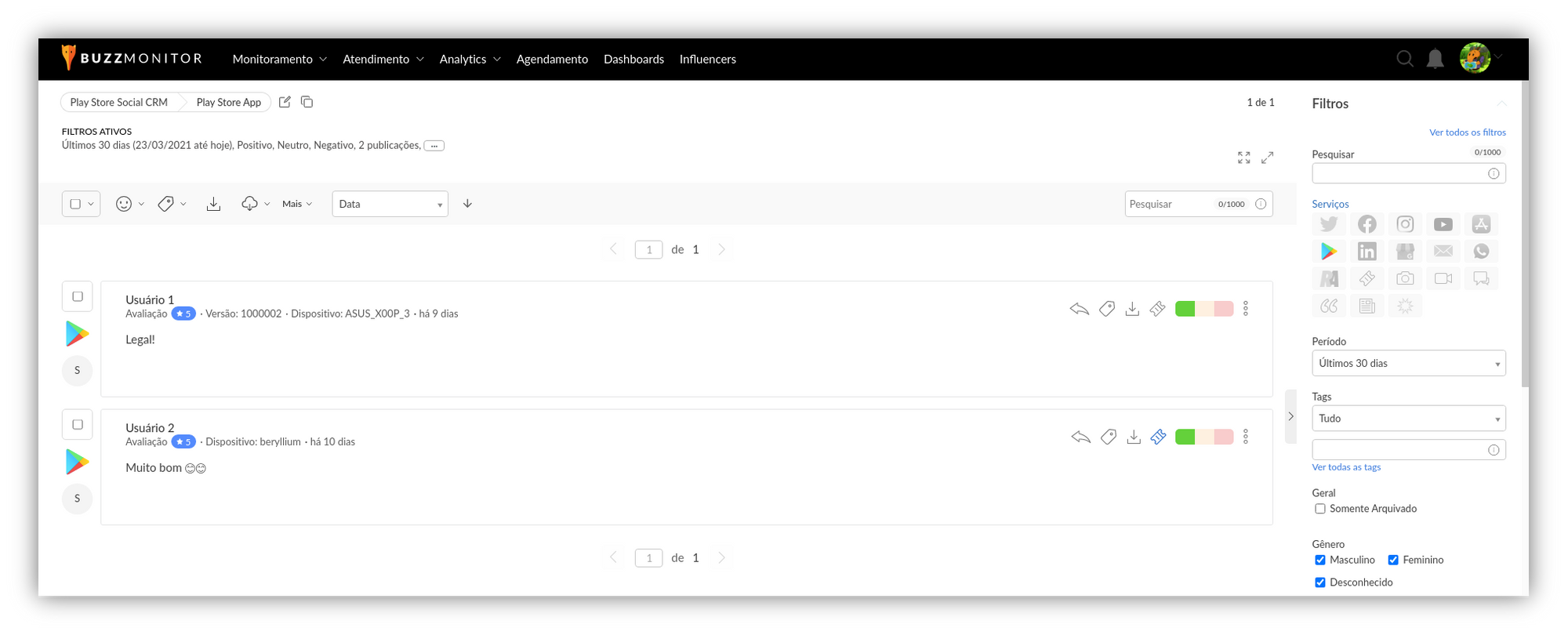 Monitoramento da Play Store na Buzzmonitor