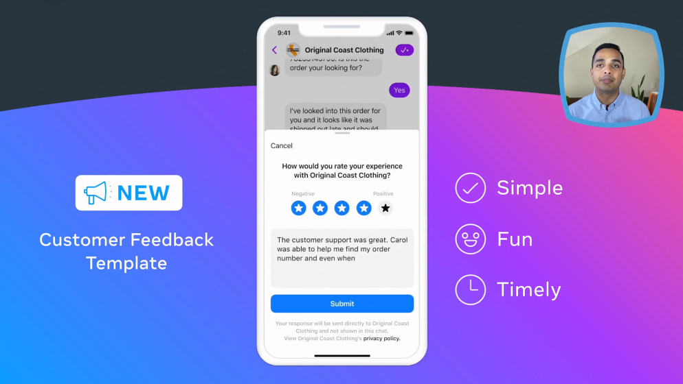 Novidades Facebook para feedback do cliente