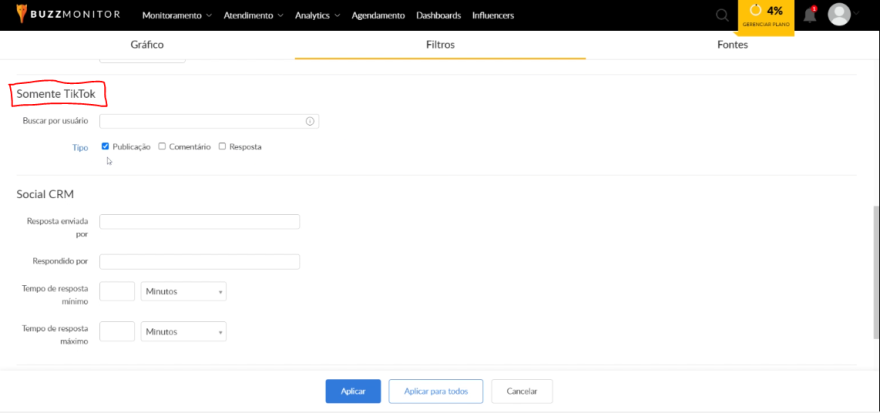imagem da aba de filtros da buzzmonitor, que permite que marcas tenham acesso a insights valiosos