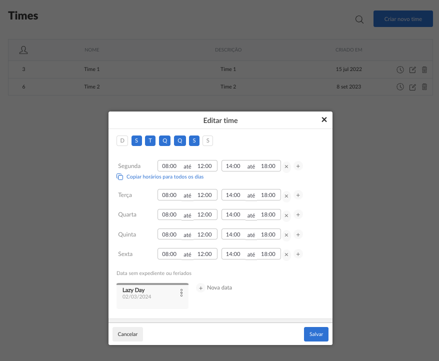 Configuração de horários de trabalho em times 