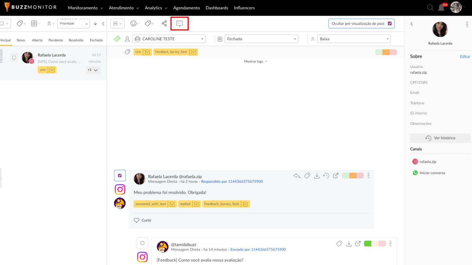Opção para envio da pesquisa de feedback na tela de tickets 