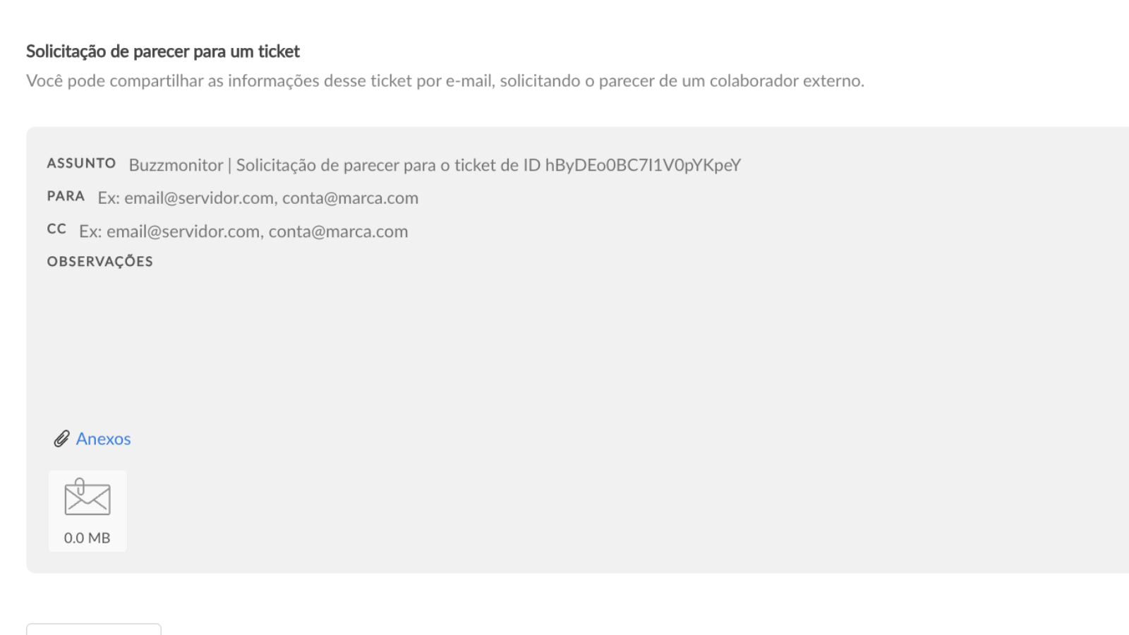 Tela de envio de parecer de ticket 