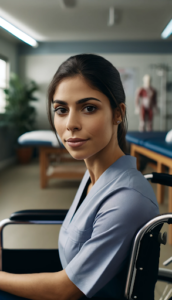 persona daniela soares, que é uma das mães representadas pelo estudo de dia das mães. Ela é uma mulher branca, com cabelo liso amarrado em um rabo de cavalo. Ela usa um uniforme hospitalar roxo e está sentada em uma cadeira de rodas.