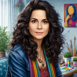 Teresa Martins é uma das mães apresentadas pelo estudo de dia das mães. Ela é uma mulher branca, com cabelo preto e ondulado. Esta vestindo uma blusa vermelha, um casaco azul e um lenço colorido. Ela está em um ateliê