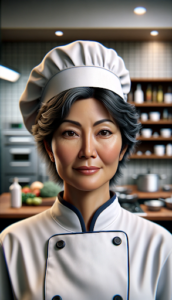 Raquel Almeida é uma das mães representadas pelo estudo de dia das mães. Ela é uma mulher amarela com traços asiáticos, cabelo preto curto e liso. Ela está vestida de chef de cozinha e está em uma cozinha