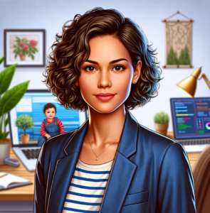 Persona Fernanda Lopes. Ela é uma mulher parda com cabelo ondulado e curto. Ela está vestindo uma blusa listada e um blazer azul. Ela está em um escritório.