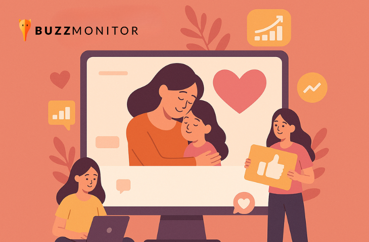 imagem em ilustração de marcas monitorando posts de dia das mães nas redes sociais em um computador gigante