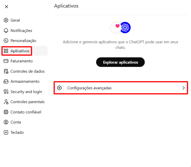 Tela de Aplicativos nas configurações do ChatGPT com a opção Configurações avançadas destacada para configurar o MCP Buzzmonitor