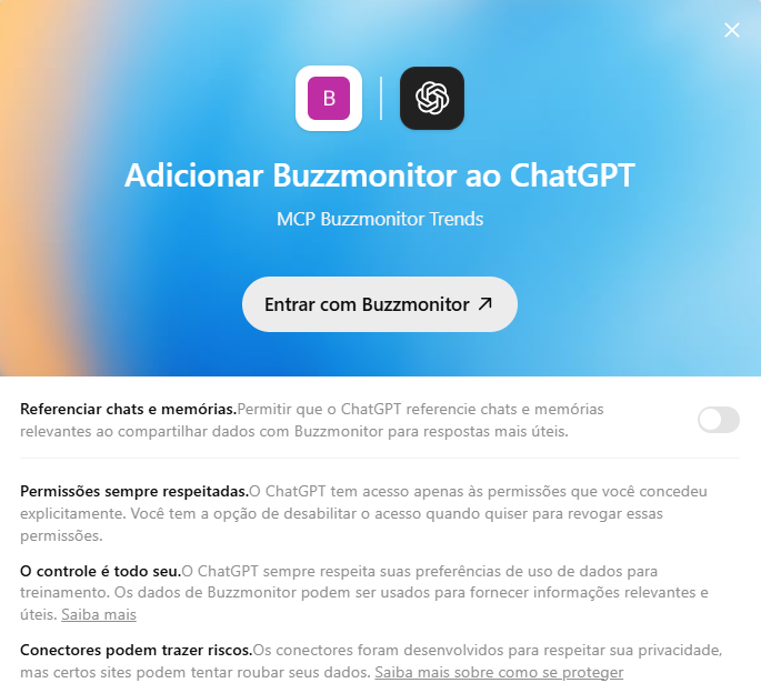 Tela de autenticação do ChatGPT para adicionar o MCP Buzzmonitor Trends com o botão Entrar com Buzzmonitor