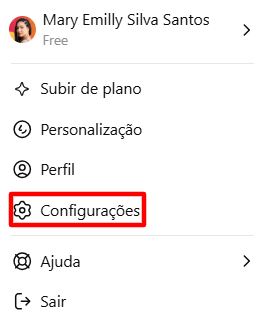 Menu de perfil do ChatGPT com a opção Configurações destacada para acessar a integração do MCP Buzzmonitor