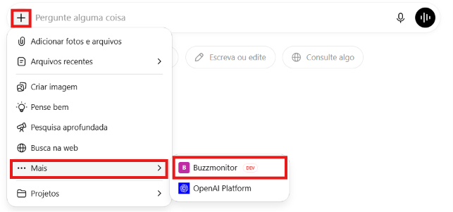 Campo de conversa do ChatGPT com o menu de opções aberto mostrando o conector Buzzmonitor disponível para ativar o MCP