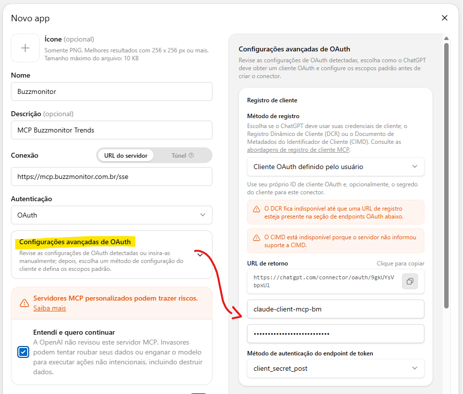 Formulário de criação de novo app no ChatGPT preenchido com os dados do MCP Buzzmonitor Trends, incluindo URL do servidor e configurações OAuth