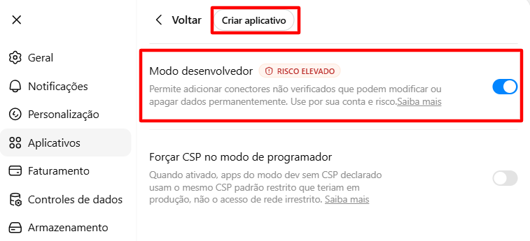 Tela de configurações avançadas do ChatGPT com o Modo Desenvolvedor ativado e o botão Criar aplicativo destacado para adicionar o MCP Buzzmonitor