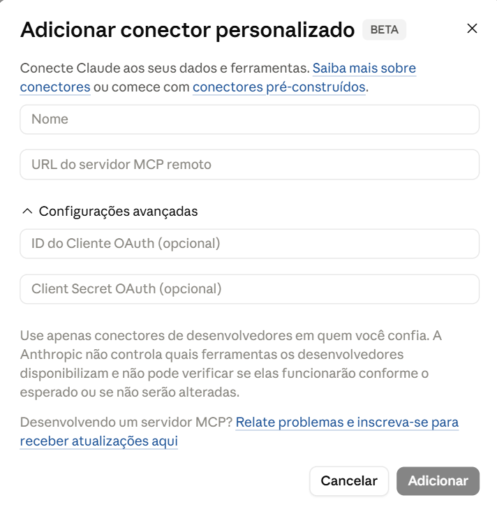 Formulário de adição de conector personalizado no Claude com campos de Nome, URL do servidor MCP e configurações avançadas de OAuth para integrar o MCP Buzzmonitor