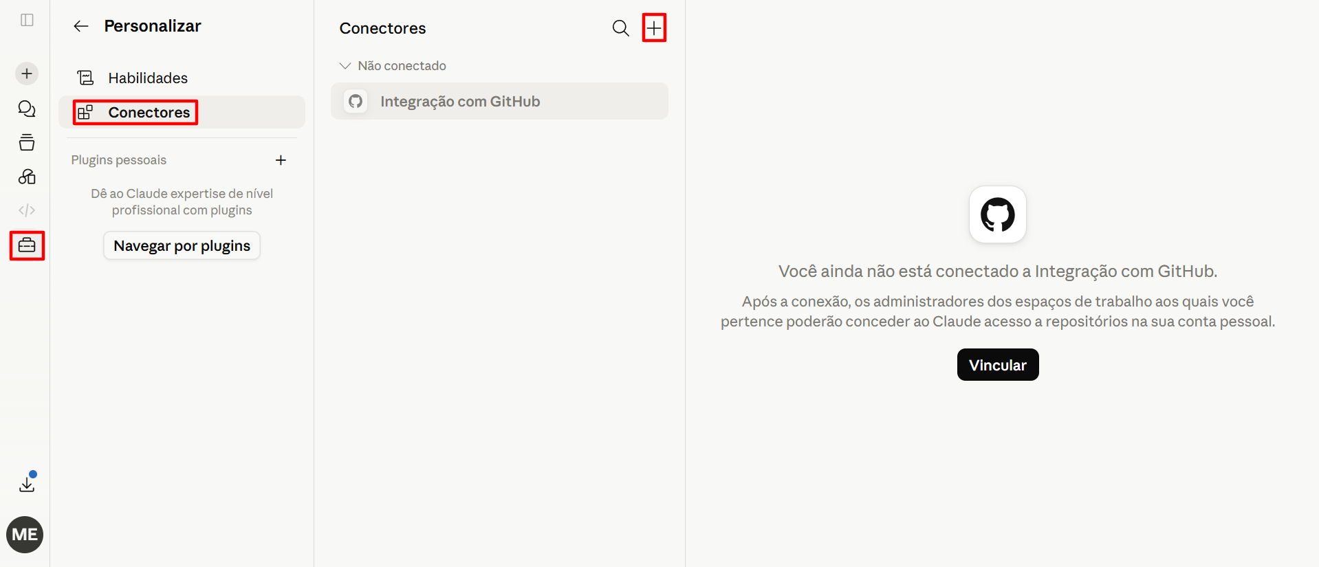 Tela de Conectores no menu Personalizar do Claude com o botão de adicionar novo conector destacado para configurar o MCP Buzzmonitor