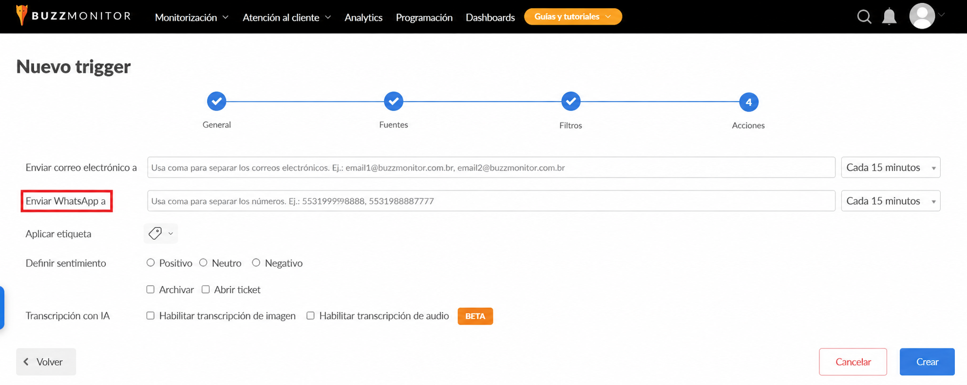 Formulario de nuevo trigger en Buzzmonitor con opciones de envío de alertas por correo electrónico y WhatsApp