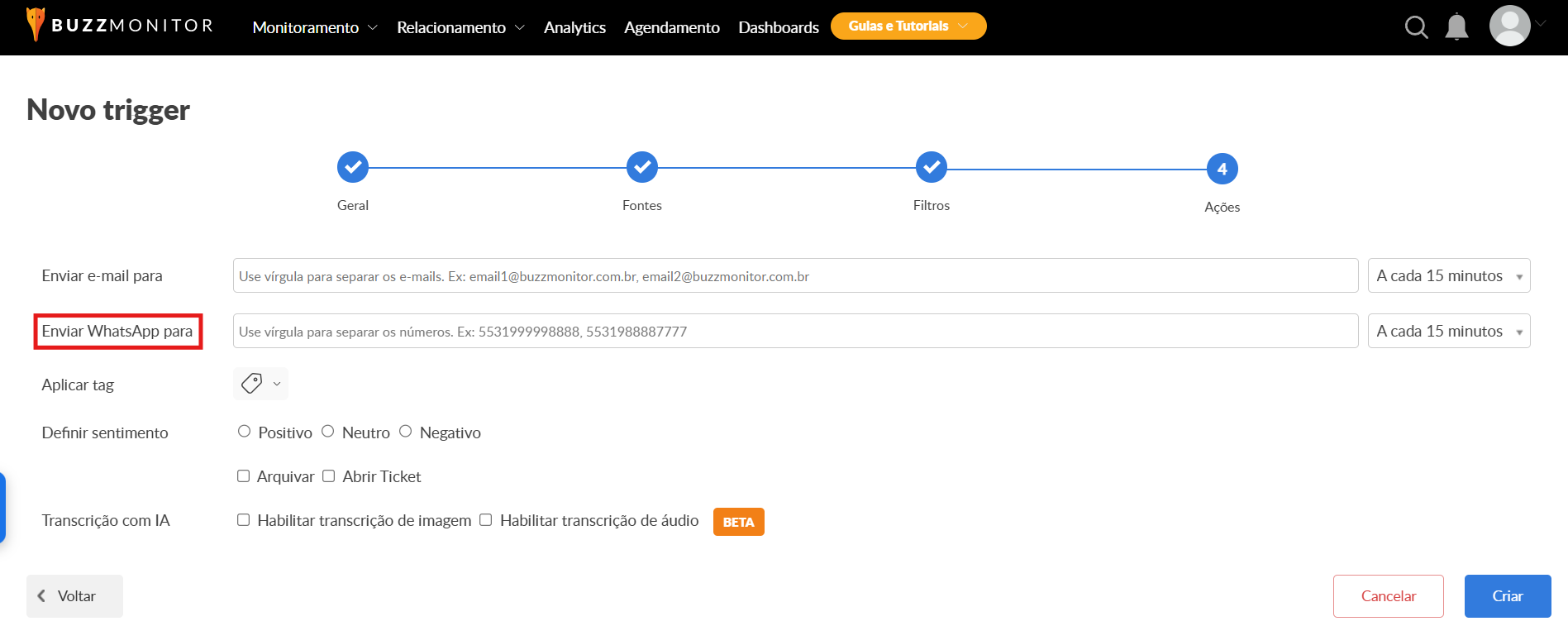Configuração de alertas automáticos via WhatsApp na plataforma Buzzmonitor