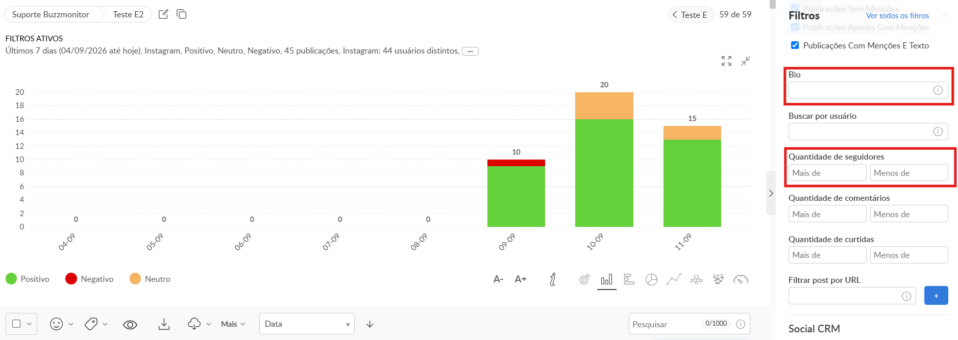 Ecrã da Buzzmonitor com os novos filtros de seguidores e bio do Facebook e Instagram