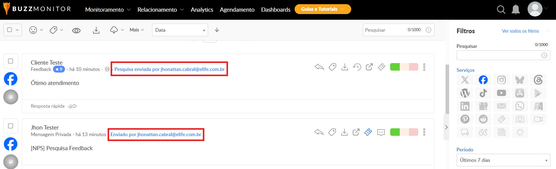 Painel de identificação do analista responsável nas pesquisas de feedback do Facebook