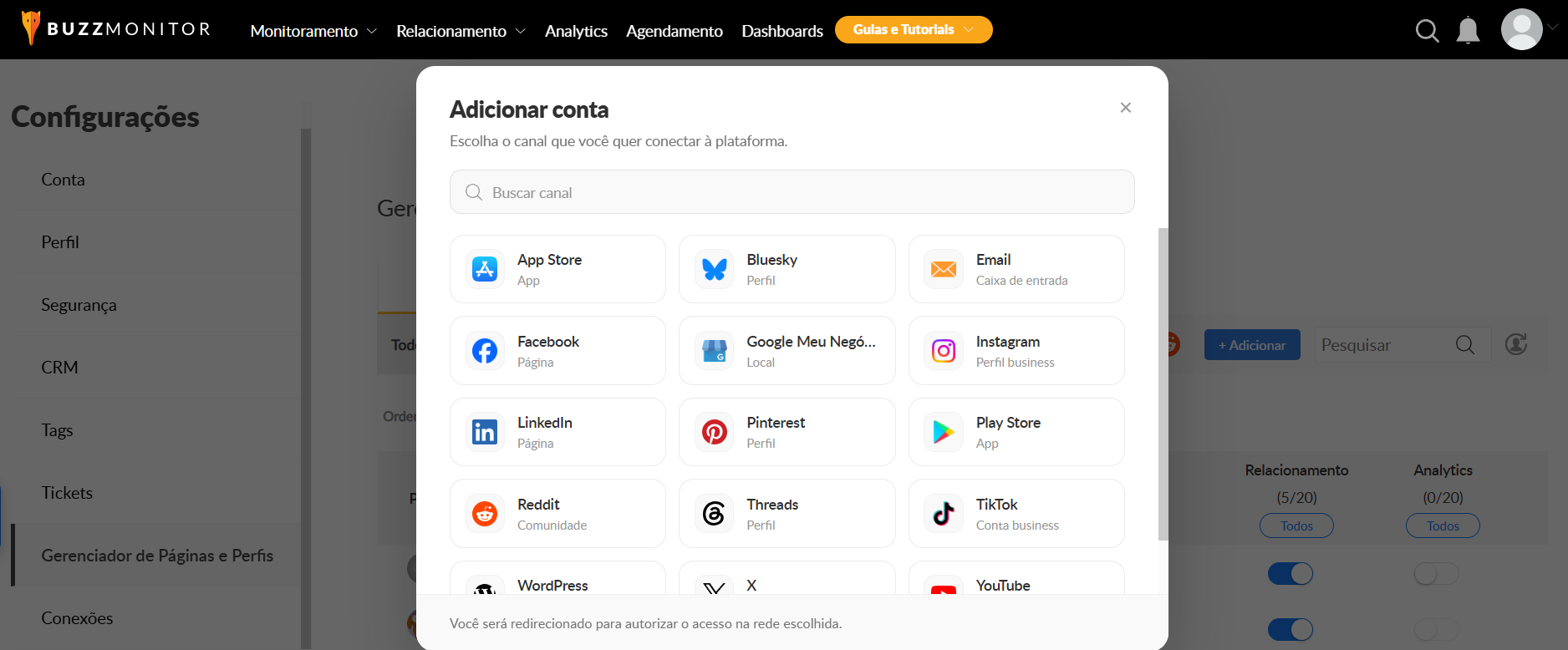 Novo ecrã de adicionar conta no Gestor de Páginas e Perfis da Buzzmonitor