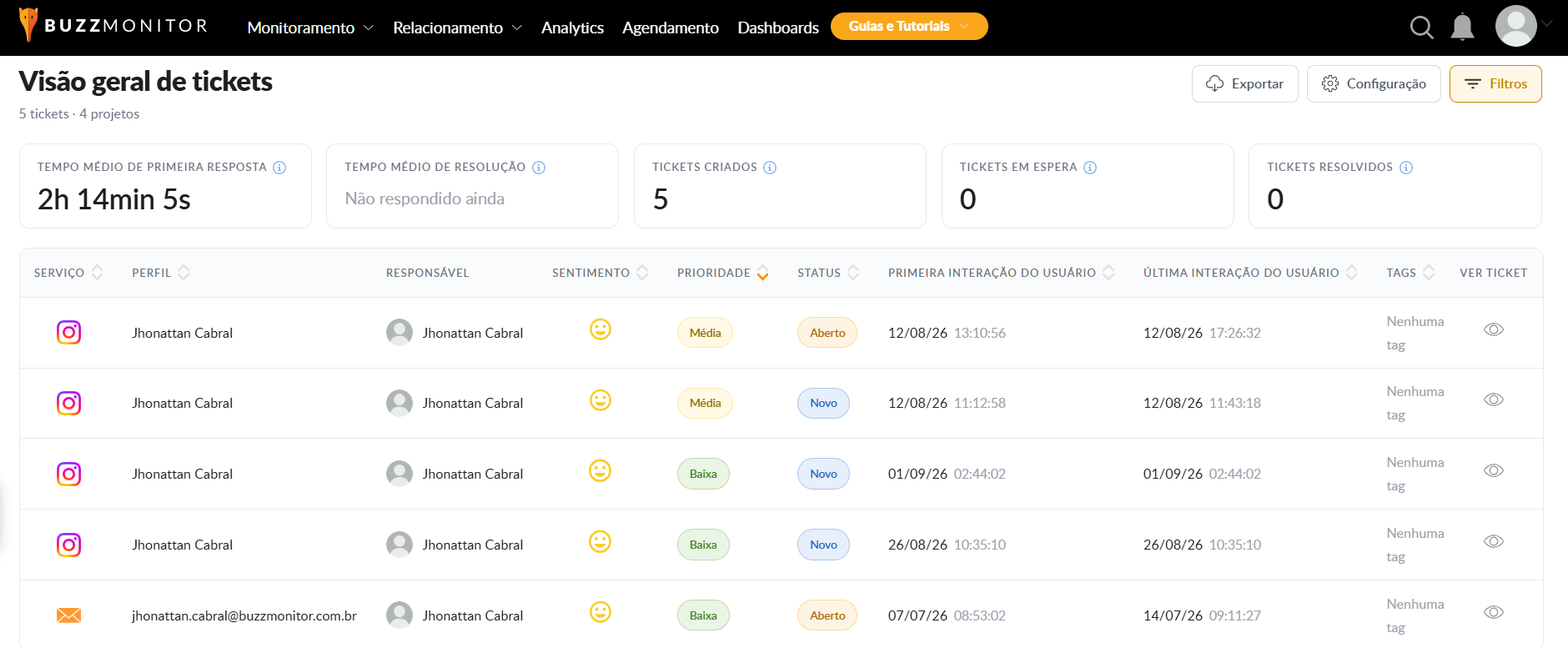 Nova versão do ecrã de visão geral de tickets da Buzzmonitor