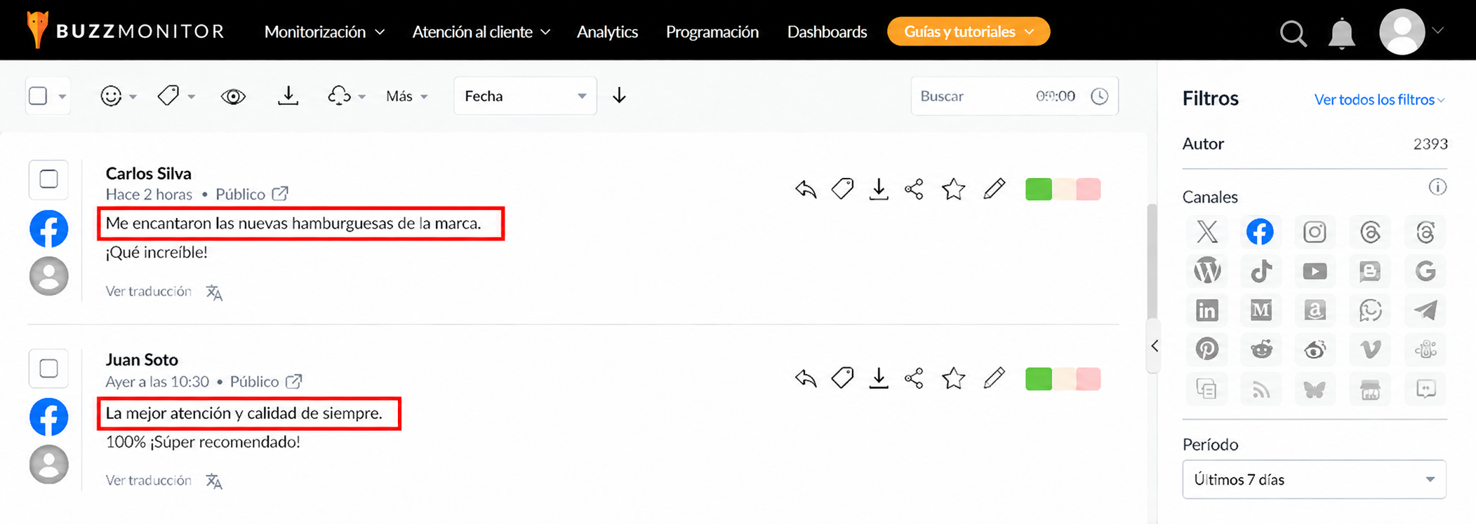 Módulo de atención de Buzzmonitor mostrando publicaciones con comentarios y el mapeo de analista responsable resaltado