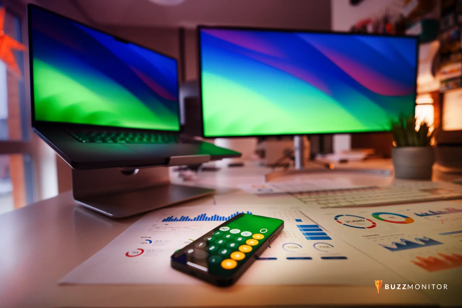 Notebook com gráficos de preços e anotações sobre ofertas em uma mesa de trabalho