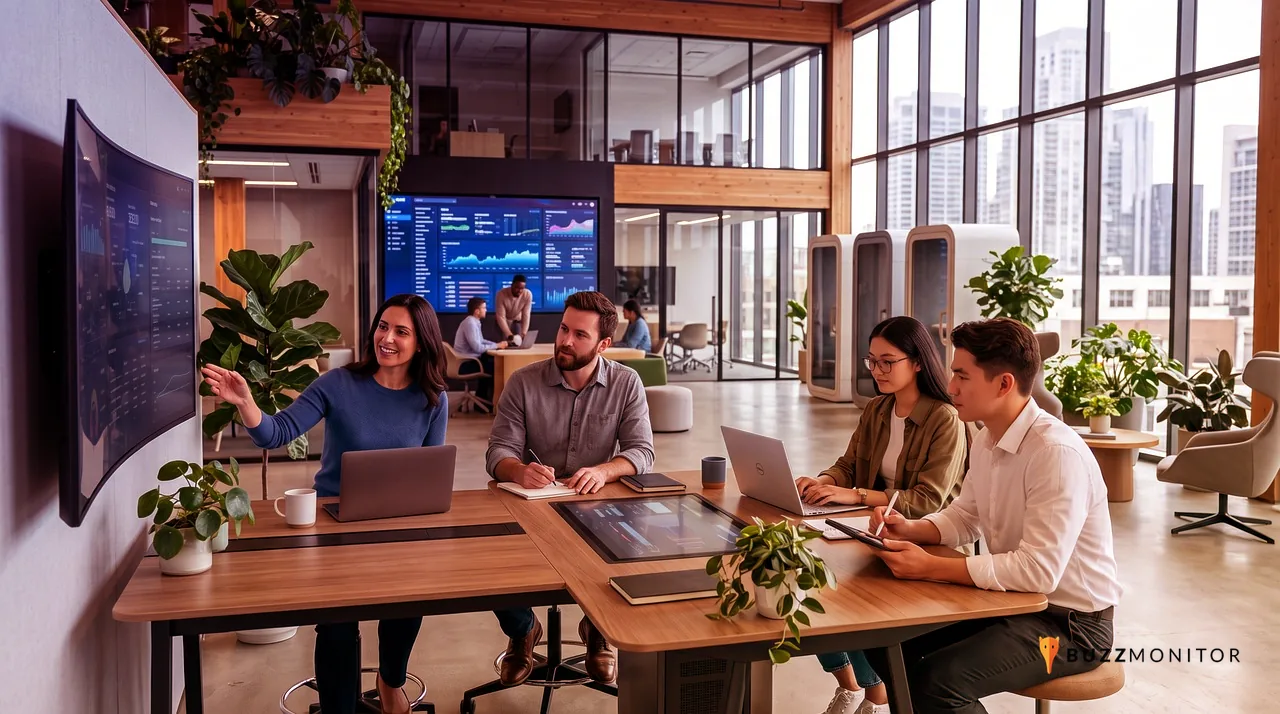 Equipa a analisar dados num dashboard durante uma reunião de social listening estratégico