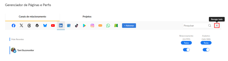Gerenciador de Páginas e Perfis com o LinkedIn selecionado e o botão Revogar tudo destacado