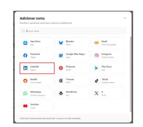 Janela Adicionar conta da Buzzmonitor com o LinkedIn destacado na lista de canais