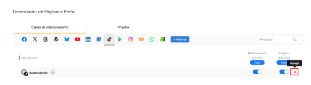 Perfil do TikTok no Gerenciador de Páginas e Perfis com o botão X de revogar destacado