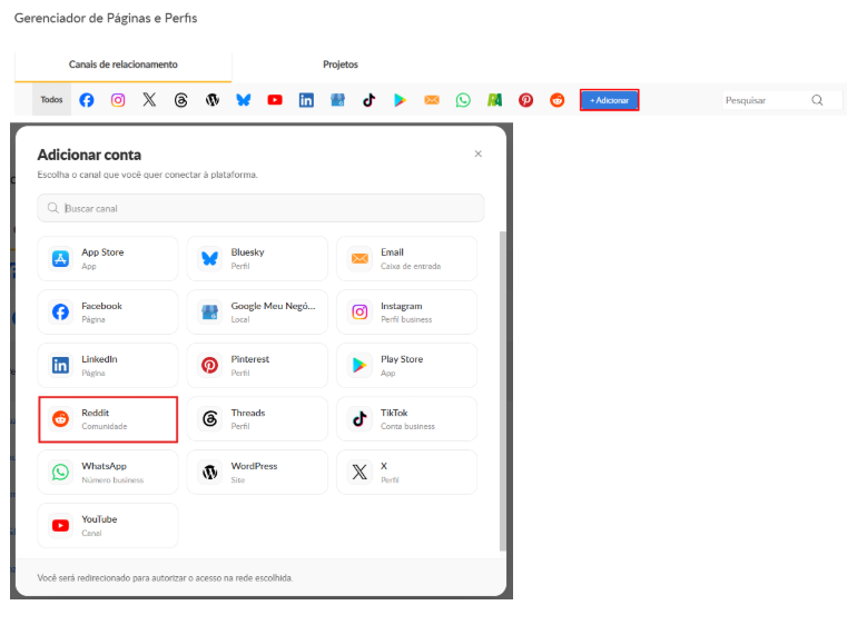 Janela Adicionar conta, aberta pelo botão + Adicionar, com o Reddit destacado