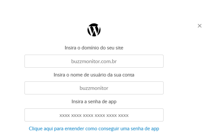 Campos do WordPress para site em domínio próprio: domínio, nome de usuário e senha de app