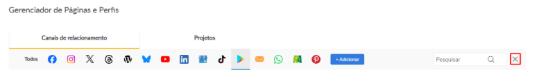 Gerenciador de Páginas e Perfis com a Play Store selecionada e o X de revogar destacado no canto direito