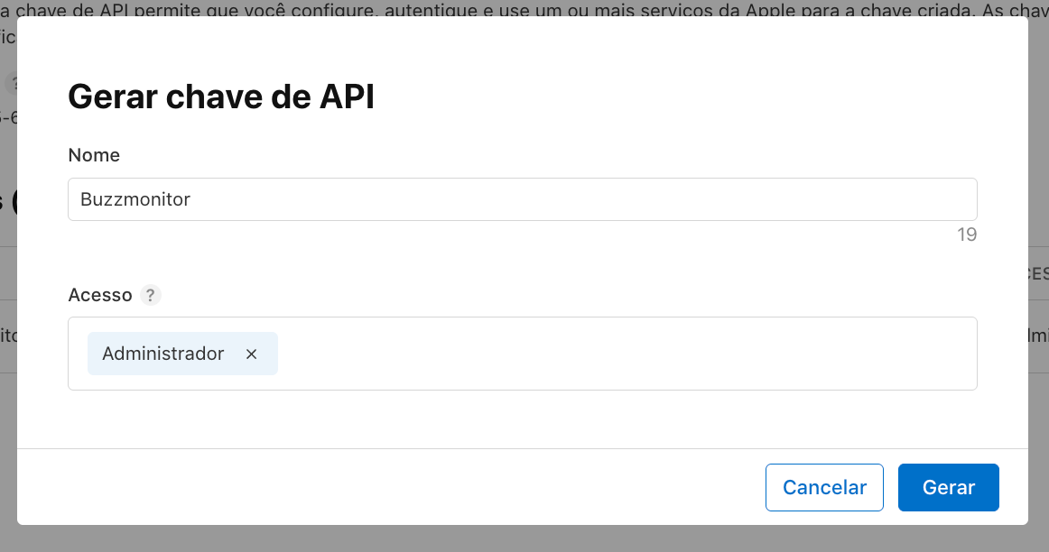 Janela da App Store na Buzzmonitor para inserir o ID do emissor, o ID da chave e o arquivo .p8 da chave privada