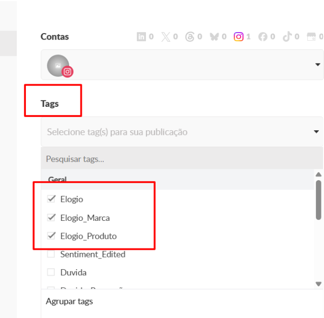 Tela de Agendamento com o campo Tags aberto e três tags de elogio selecionadas para a publicação