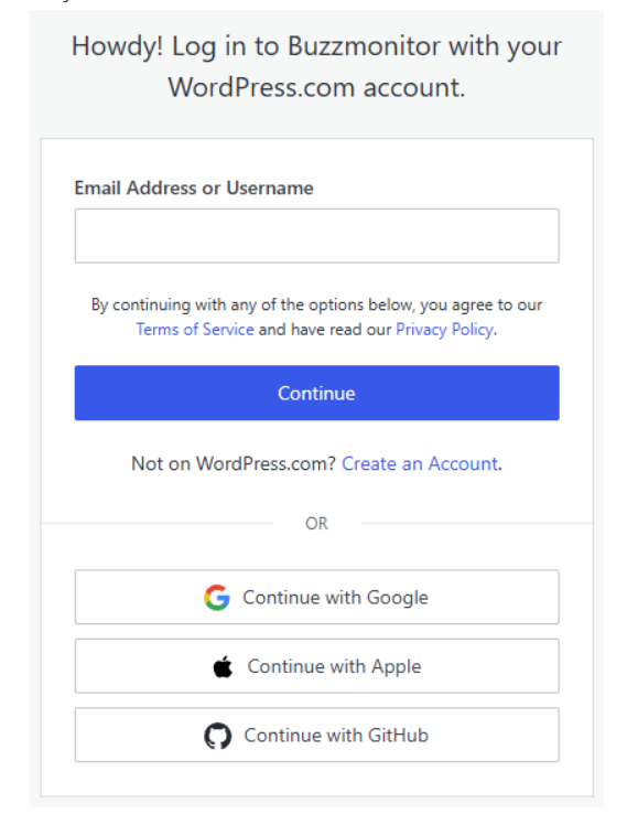 Tela de login do WordPress.com para conectar a conta à Buzzmonitor, opção usada para sites do wordpress.com