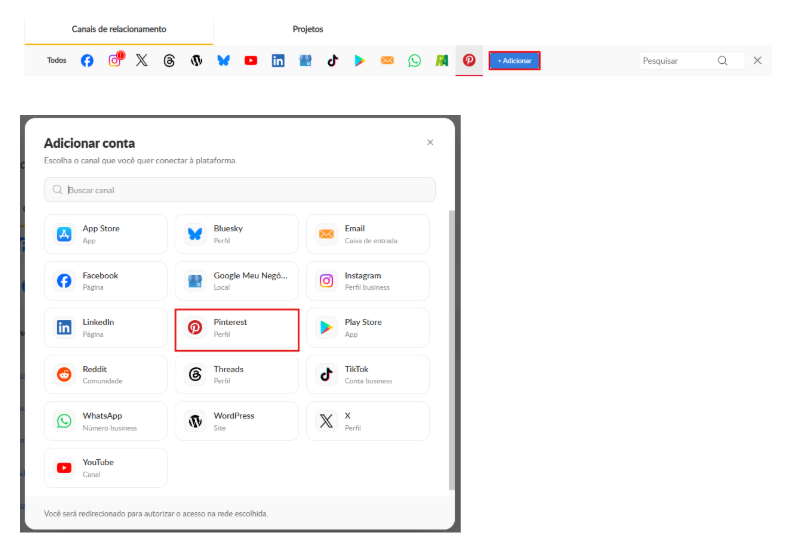 Janela Adicionar conta, aberta pelo botão + Adicionar, com o Pinterest destacado