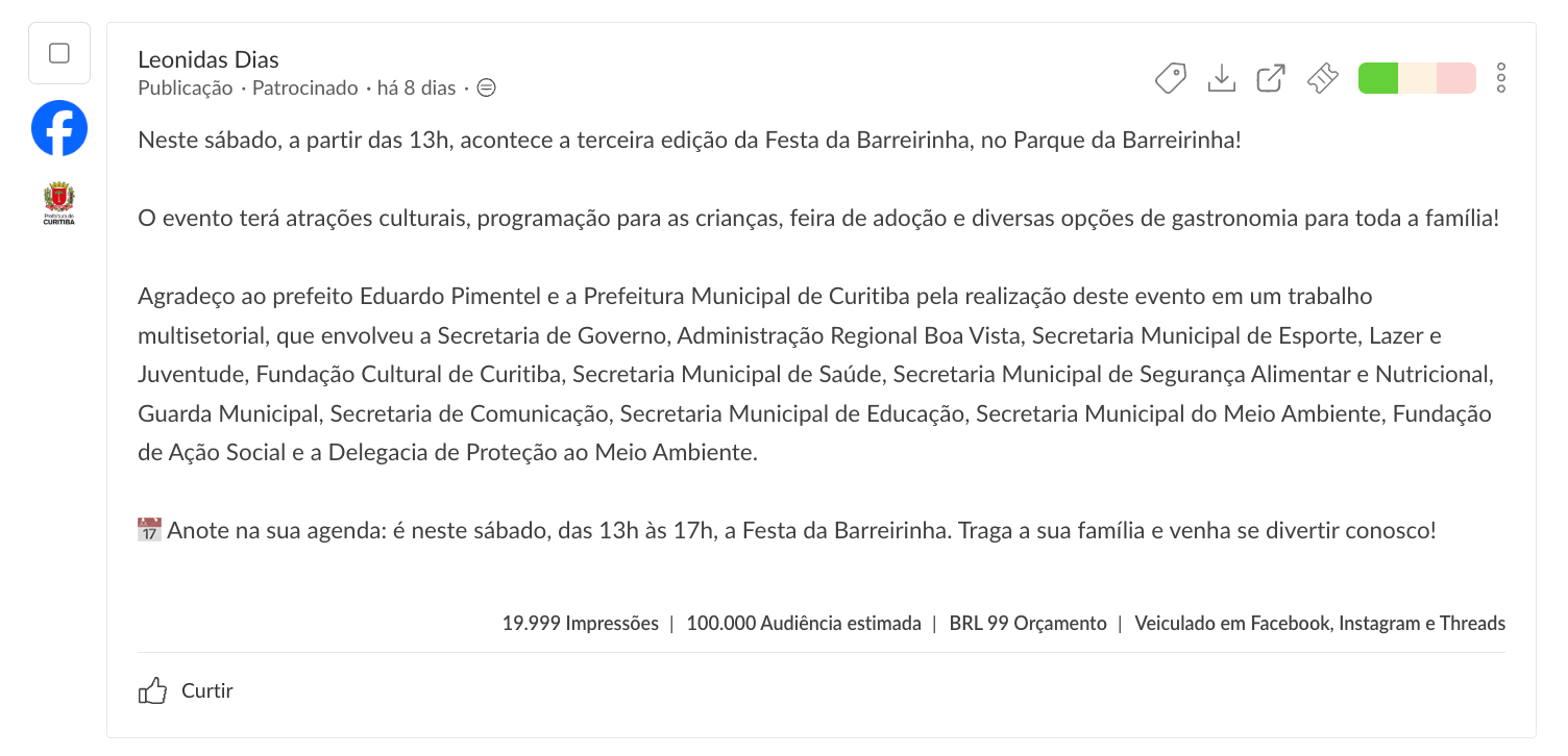 Anúncio da Biblioteca de Anúncios da Meta coletado como post do Facebook, com impressões, orçamento e redes de veiculação