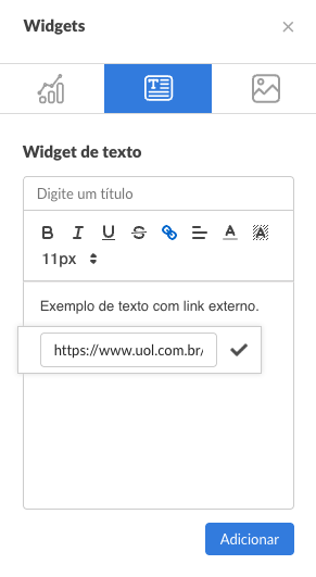 Widget de texto do dashboard com o campo para inserir um link externo no trecho selecionado