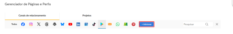 Gerenciador de Páginas e Perfis da Buzzmonitor com a Play Store selecionada e o botão + Adicionar destacado