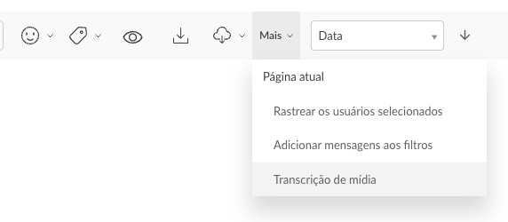 Menu Mais do relatório com a opção Transcrição de mídia, que transcreve em massa as mídias da página atual
