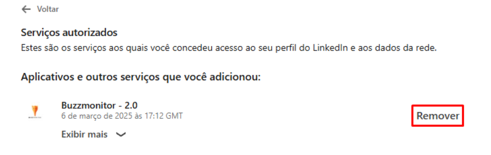 Serviços autorizados do LinkedIn com o botão Remover destacado na linha do app Buzzmonitor
