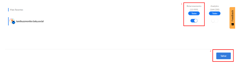 Perfil do Bluesky com a chave de Relacionamento ativada e o botão Salvar destacado
