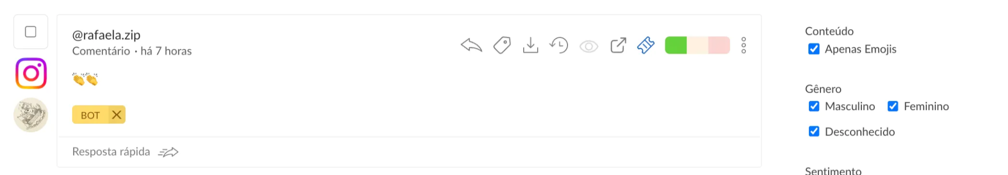 Comentário do Instagram só com emojis exibido após marcar o filtro Apenas Emojis em Conteúdo