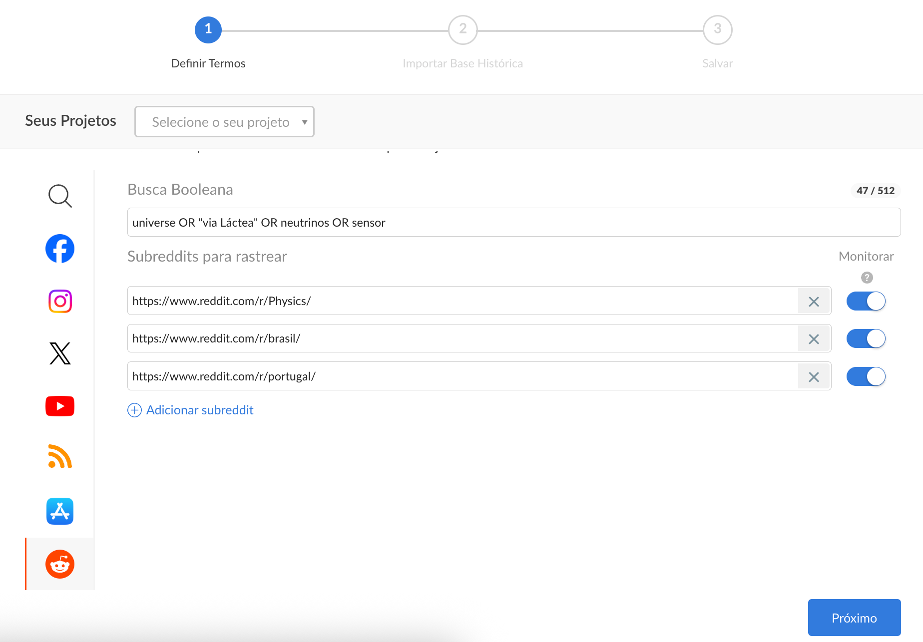 Configuração de projeto para o Reddit com busca booleana e a lista de subreddits a rastrear