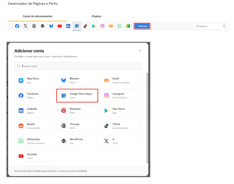 Janela Adicionar conta, aberta pelo botão + Adicionar, com o Google Meu Negócio destacado