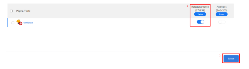 Perfil do Pinterest na Buzzmonitor com a chave de Relacionamento ativada e o botão Salvar destacado