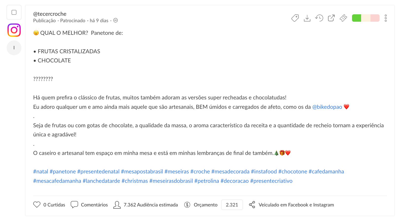 Anúncio da Biblioteca de Anúncios da Meta importado como post do Instagram, com audiência estimada e orçamento