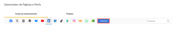 Gerenciador de Páginas e Perfis com o LinkedIn selecionado e o botão + Adicionar destacado